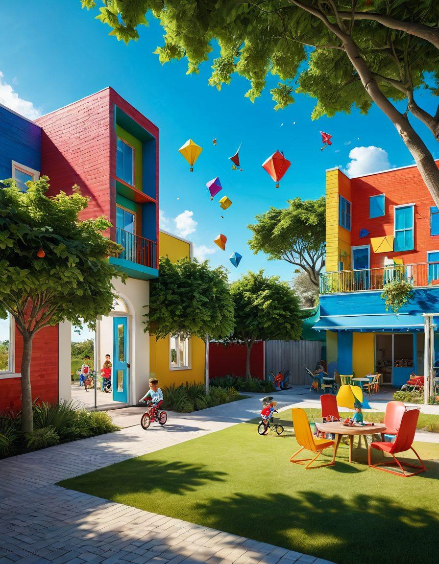 A colorful split-scene showcasing indoor play activities like building blocks and puzzles on one side, and outdoor activities with kids playing with kites and bicycles on the other. The image should have vibrant diverse kids engaging joyfully in both settings, with toys scattered around. Incorporate elements of nature like trees and sunny skies for the outdoor section. Bright lighting to enhance the playful atmosphere. super-realistic. vibrant colors. 3D.