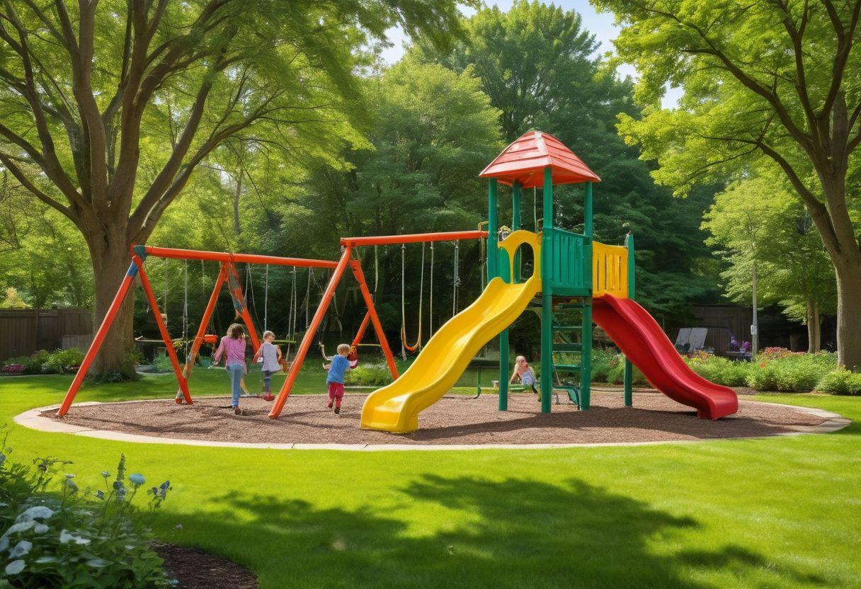 A colorful, inviting park scene with children happily playing on various playground equipment, while parents supervise, showcasing a friendly dog nearby. Include safety signs in the background emphasizing playtime safety, like soft landing zones and adult supervision. The atmosphere radiates joy and health, with sunshine filtering through green trees and flowers blooming. super-realistic. vibrant colors. 3D.