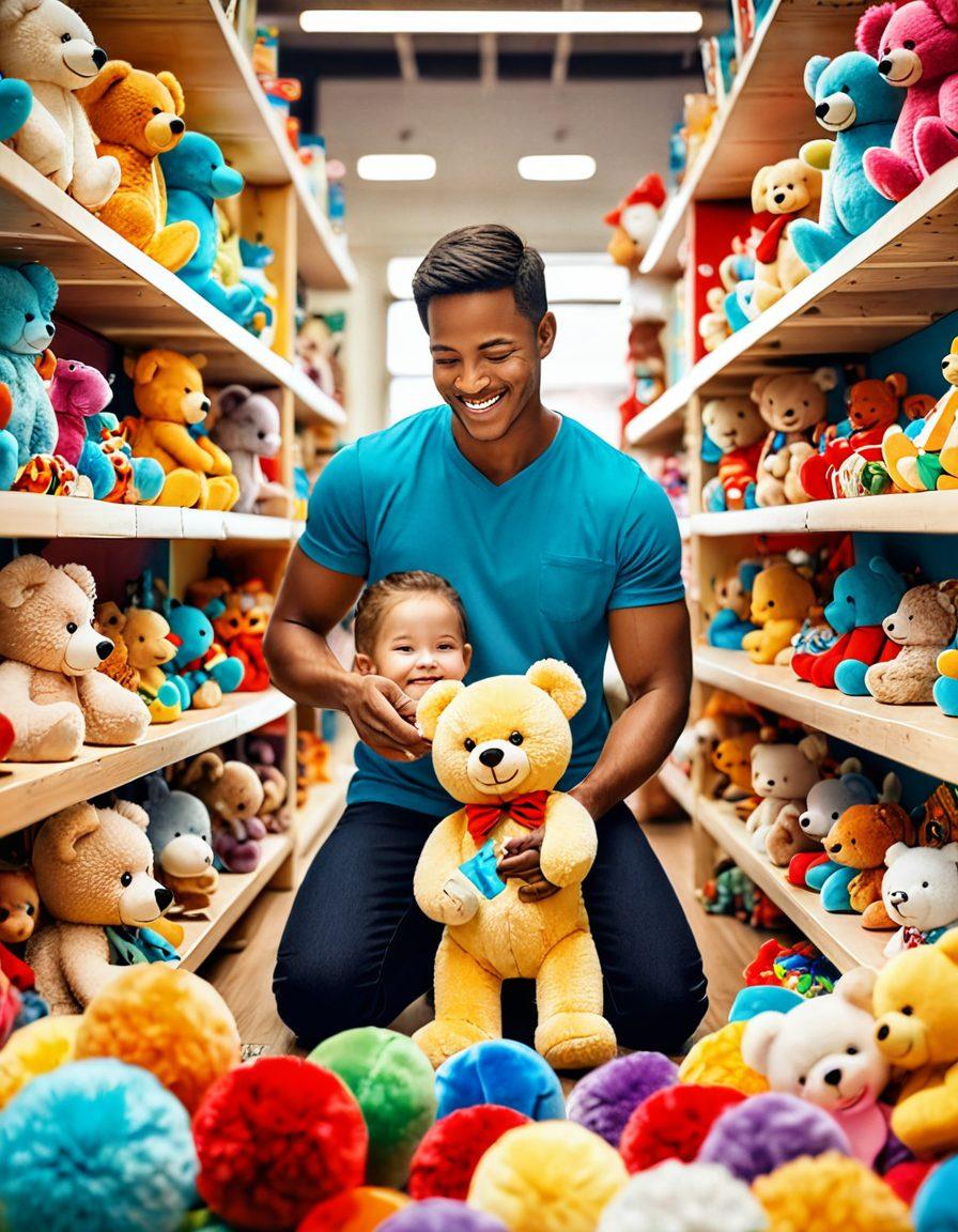 A joyful parent and child exploring a vibrant toy store, surrounded by colorful, safe toys. The child reaches for a plush teddy bear while the parent smiles, looking at an educational toy. Bright and inviting atmosphere, emphasizing laughter and creativity. Soft focus on background shelves filled with various toys. super-realistic. vibrant colors. 3D.